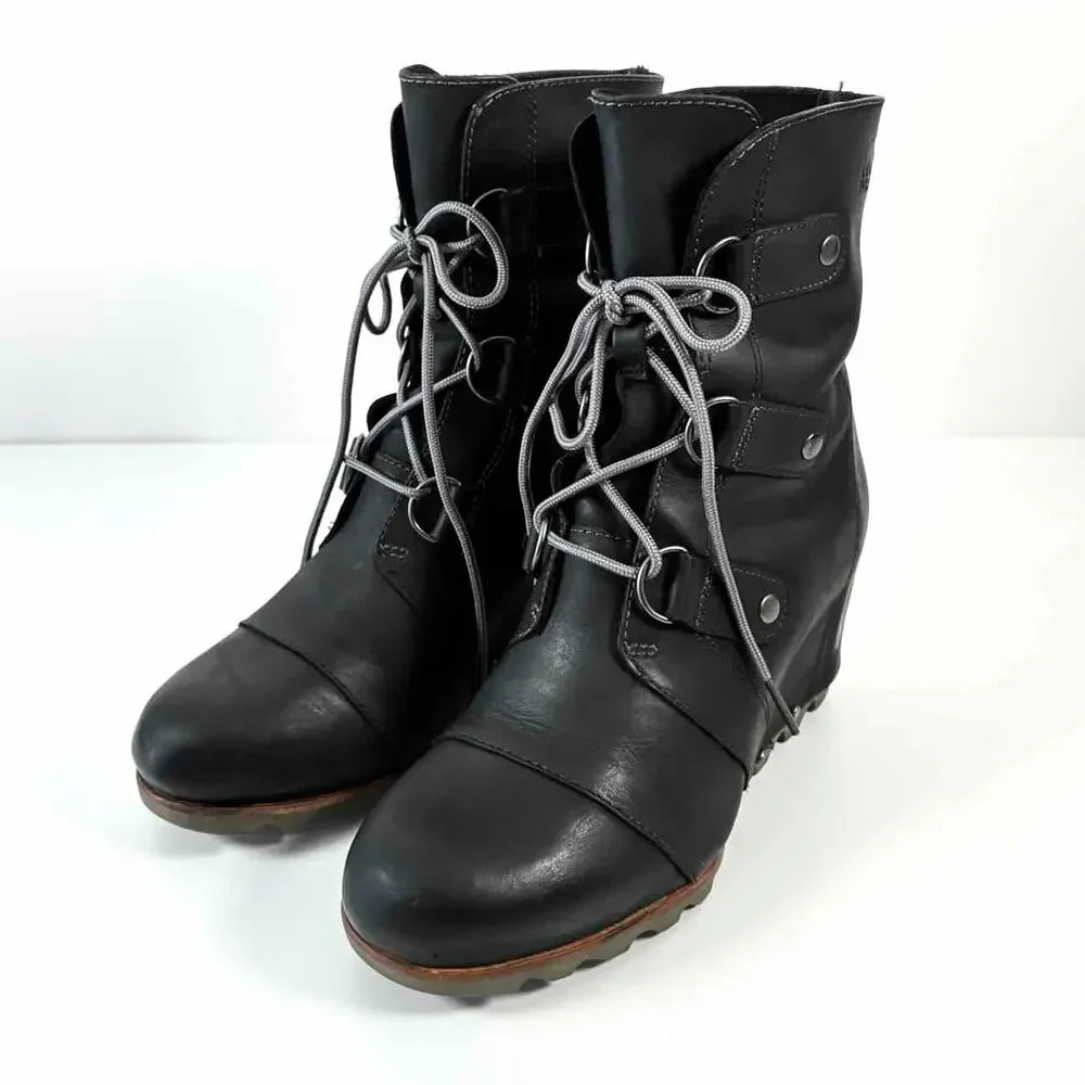 Sorel Joan of Arctic Black Leather Wedge Lace-Up Boots - Size 8, EU39